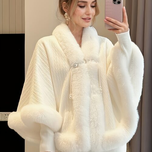 [Elegant Velvet Cape Shawl] Elegant Velvet Cape Shawl – Women’s Plush Faux Fur Warm Winter Jacket with Adjustable Hood, Long Sleeves, Front Pockets | Cozy Outerwear, Sophisticated Style, Soft Texture | Fall/Winter Fashion