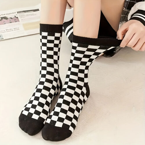 Black and White Checkered Mid-Calf Socks – Breathable Knit Fabric, Stylish Athletic Casual Wear for Men & Women, Perfect for Spring/Summer Outfits, Cute Socks, Unisex Socks, Everyday Socks, Classic Sock Design, Comfortable Sock Material