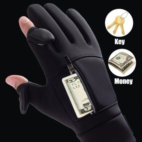 [Windproof Cycling Gloves] Windproof, Fleece-Lined Black Outdoor Cycling Gloves with Touch Screen – Anti-Slip, Wear-Resistant, Zipper Closure for Winter Sports, Running, Cycling, and Hiking
