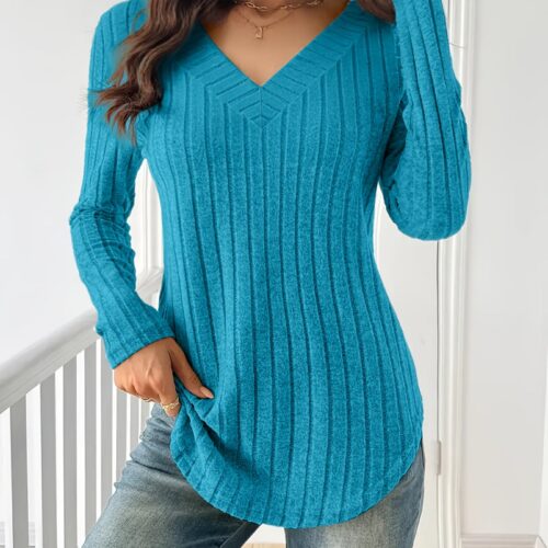 Women’s Spliced V-Neck Ribbed T-Shirt – Soft Lightweight Stretch Fabric, Casual Long Sleeve Solid Color T-Shirt, Machine Washable, Suitable for Spring, Autumn, and Winter