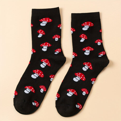 1 Pair Women’S Black Mushroom Socks – Cute Cartoon Design, Soft, All-Season Comfort, Perfect for Casual Attire & Gifts, Ideal for Friends & Family, Cute Socks, Playful Sock Design, Durable Sock Material