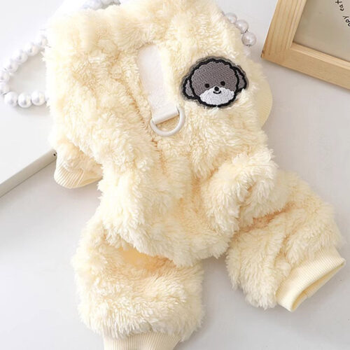 [Dog clothes] Winter Dog Jumpsuit Onesie for Small Dogs – Cozy Fleece-Lined Pet Costume with Puppy Pajamas, Overalls & Pants, Soft Beige & White Design, Perfect for Shih Tzu, Yorkie, and Puppy Outfits, Dog Winter Clothes, Cozy Pet Wear, Playful Pet Design