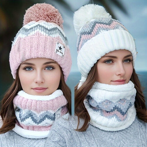 2pcs Winter Hat & Scarf for Women & Unisex -Suitable Suitable for, cycle, Cold Weather – Star Embellished Pink/White Striped Beanie with, Stretchy Windproof Trapper Hat (Beige/Pink/White/Gray/Black) – Machine Washable,