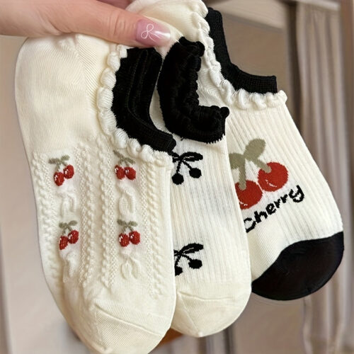 3 Pairs Cherry Pattern Lace Trim Boat Socks | Cute Black and White Contrast Women’S Socks, Sweet ‘S Sock Set, Fabric