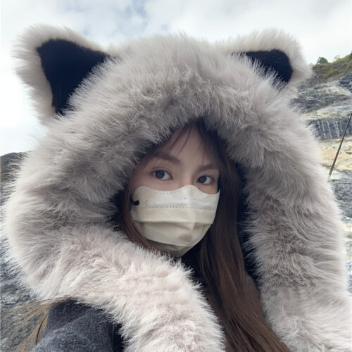 1pc Cute Fox Ears Hat and Scarf Set, Thick Plush Winter Warm Beanie with Neck Cover, Soft and Comfortable Fabric