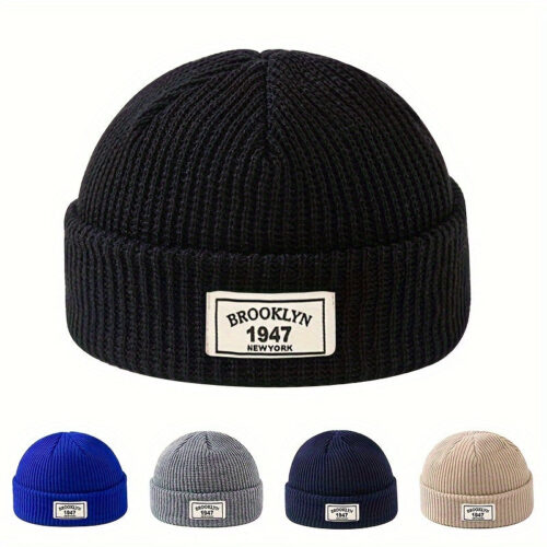 MAKEFGE Men’s Fashion Knitted Beanie – Warm, Elastic Acrylic Winter Hat with Letter Patch, Ideal for Active Leisure, Holiday Gifts and Valentine’s Day