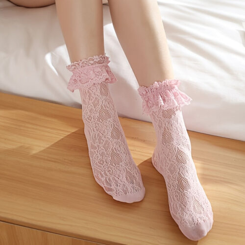 Women’S Japanese Lolita Style Style Ruffle Socks – Soft Mid-Calf Floral Pattern, Breathable Summer Short Socks with Lace Trim, Hand Wash Only, Cute & Comfortable for Casual Attire, Cute Socks, Lace Trim Socks, Delicate Fabric Socks