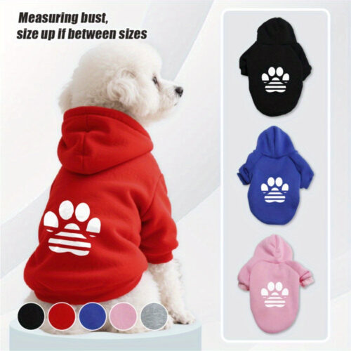 Dog Paw Print Hoodie – Soft Warm Polyester Pullover Sweatshirt for Medium to Large Breeds, Sleeveless Design with Paw Print Pattern, Machine Washable, Pink, Red, Gray, Black, Blue Options, Dog Clothes, Pet Apparel, Playful Pet Design