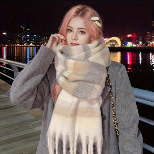 Women’s Winter Scarf – Soft Non-Stretch Warm Elegant Beige & White Retro Striped Shawl Collar Neck Wrap, Versatile for Casual & Formal Outfits, Office, Parties, Travel – Hand Washable Cold Weather Accessory