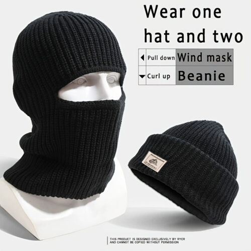 1pc 2-in-1 Knitted Balaclava Mask & Beanie for Men – Windproof Thermal Winter Sports Accessories, Machine Washable Black Textile, Christmas Thanksgiving Valentine’s Day New Year Gifts, Winter Accessories, Seamless Design, Textile Material