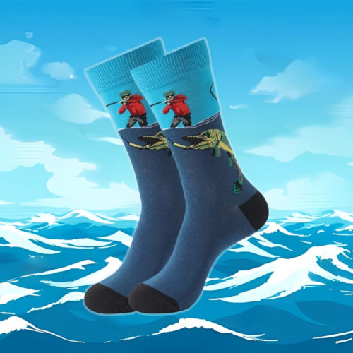 1 Pair Men’S Mid-Calf Socks | Creative Fishing Theme, Comfortable and Breathable, Blue Unique Pattern Design, Unisex Fashion, Essential for Outdoor Sports, Suitable for All Seasons