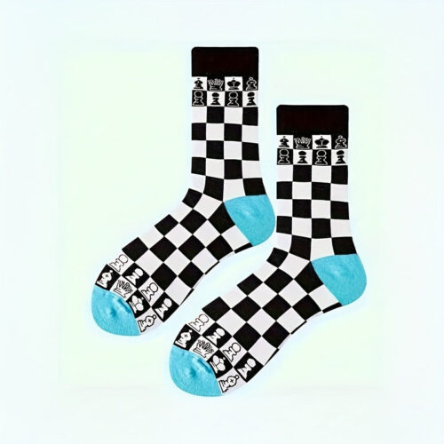 1 Pair Men’s Black & White Checkered Chessboard Socks – Mid-Calf with Chess Piece Icons (King, Queen, Rook, Pawn, Knight) – Casual & Chess-Themed Outfits – Machine Washable Checkered Pattern Tights