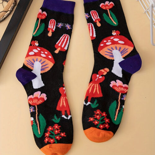 Mushroom Print Socks, Novelty Street Style Mid Tube Socks, Women’s Stockings & Hosiery