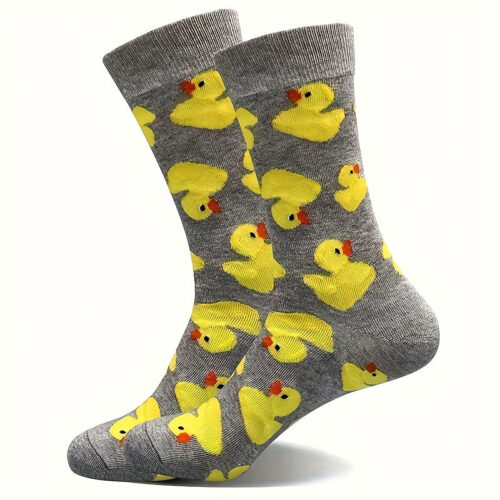 [Men’s Mid-Calf Socks] 1 Pair Men’s Mid-Calf Socks | Cute Cartoon Yellow Duck Pattern, Fashionable and Stylish, Breathable and Moisture-Wicking, Ideal for Spring and Autumn, and Spandex Blend