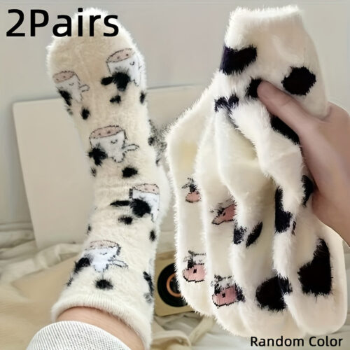 2/3 Pairs of Double Autumn And Winter Plush Socks, Thickened Lining for Warmth, Cute Family Cozy Socks.