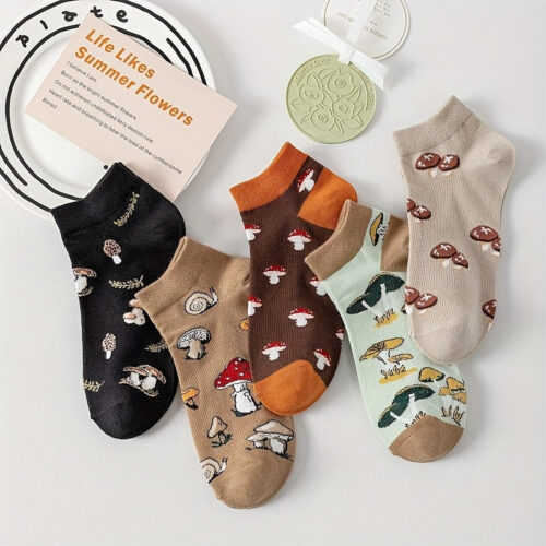 2 Pairs/5 Pairs of Stylish and Cute Mushroom Pattern Design Printed Women’s Short Socks, Soft, Comfortable, Breathable, Non-slip Beautiful Socks, Suitable for Casual Sports and Daily Wear.
