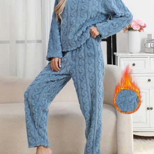2pcs Solid Color Women’s Autumn/Winter Thickened Coral Set, Thick Warm Loungewear Pajama Set, Wearable Outer Casual Set
