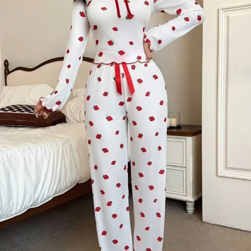 2pcs Women’s Long Sleeve Square Neck Bow-Tie Top and Pants Set, Strawberry Print Ribbed Fabric with Contrast Bow Decor, Holiday Season Sleepwear for Autumn/Winter; High-Quality Loungewear