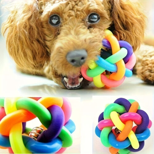 Durable Plastic Chew Ball with Bell – 2.17 Inch Large Knot Dog for Puppies & Cats, Multicolor Chewable Interactive Rubber-Like Ball for Small/Medium Dogs, No Batteries, Teeth Cleaning & Tug-of-War Play (Green, Pink, Blue, Yellow)