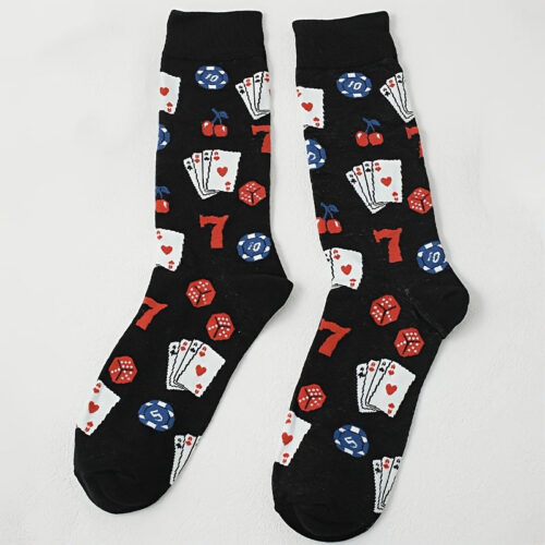 1 Pair Men’S Mid-Calf Socks with Cartoon Playing Cards Design – Breathable Moisture-Wicking Athletic Socks for Spring & Fall, Lightweight Casual Streetwear Socks for Daily Wear, Sleek Texture Fabric