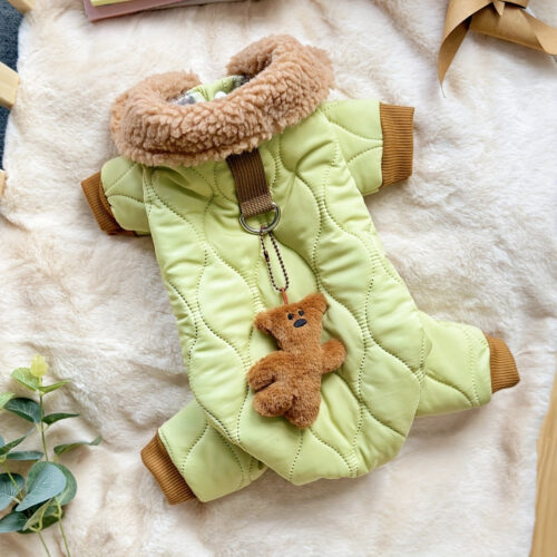 Thickened Bodysuit with Teddy Bear Pendant and Pull Buckle, Snap Button Design for Easy On/Off, Warm Wear for Indoor/Outdoor Activities of Cats and Dogs in Autumn and Winter