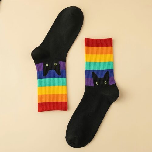 1 Pair of Women’s Mid-calf Socks with Rainbow Cat Print Design, Multicolor Striped Socks, Suitable for Daily Wear