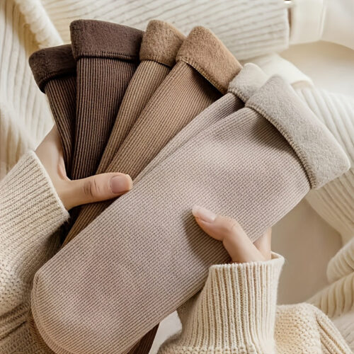 5 Pairs Unisex Fleece-Lined Thermal Winter Socks – Soft Warm Elastic Floor Socks for Sleep, Yoga & Indoor Activities, Cozy Plush Ankle Socks in Neutral Earth Tones (Black/Brown/Beige/White/), Fluffy Socks, Sleepwear Socks, Plush Texture, Comfortable Wear