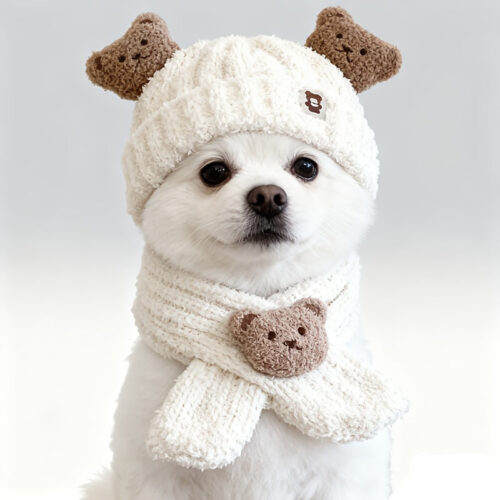 Winter Warm Dog Jacket & Scarf Set for Small Breeds – Plush Bear Hat and Collar, Cozy Winter Outfit for Pomeranian, Chihuahua, Shih Tzu, Yorkshire Terrier – Cold Weather Pet Clothing