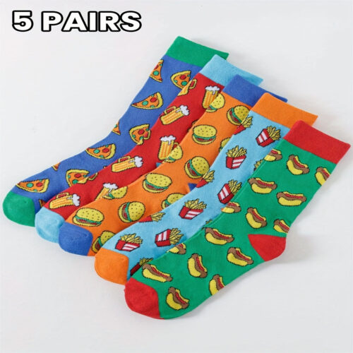 5-Pair/Set Men’s Fun Cartoon Food Pattern Mid-Calf Socks for Autumn/Winter, Featuring Hamburger, Beer, Hot Dog, Pizza, and Fast Food Designs, Suitable for Daily Wear, Holidays, Office, Home, and Gift Giving